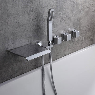 Moda Polished Chrome Wall-Mounted Waterfall Bathtub Faucet with Hand Shower Solid Brass